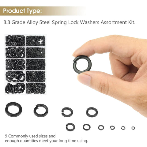 Kindroufly 1000-piece lock washers assortment kit in 8.8-grade alloy steel, M2–M12, in plastic storage case