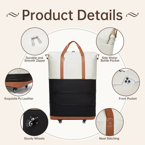 seyfocnia travel duffle bag with wheels, front view, white top, black bottom with tan PU leather handles