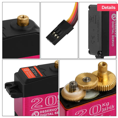 High Torque 20Kg RC Servo Motor Waterproof Full Metal Gear Steering with 25T Horn, details of copper aluminum gears and connector