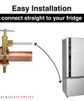 Plug And Play Ice Maker Water Line Kit with quick connect saddle valve attached to copper pipe, shown connected to fridge.