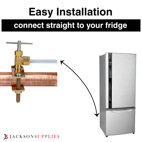 Plug And Play Ice Maker Water Line Kit with quick connect saddle valve attached to copper pipe, shown connected to fridge.