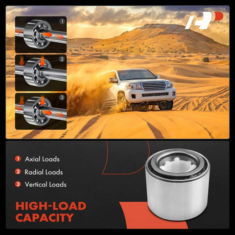 High-load capacity beefy 2 pack rear wheel bearings for AWD Subarus with axial and radial load support, shown with a desert SUV.