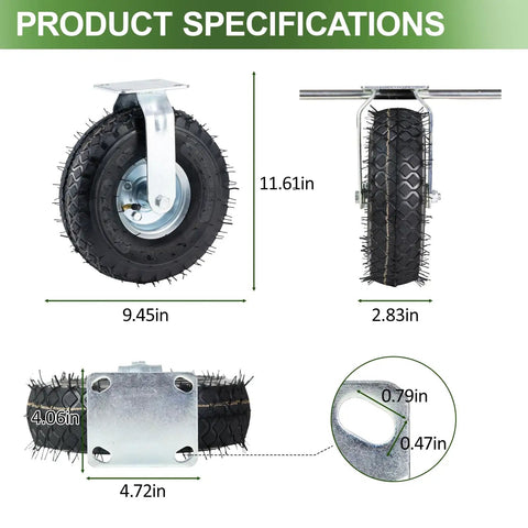 Heavy Duty 10 Inch Pneumatic Caster Wheels Set Of 4 With 2 Swivel And 2 Rigid Hubs, showcasing specifications and dimensions.