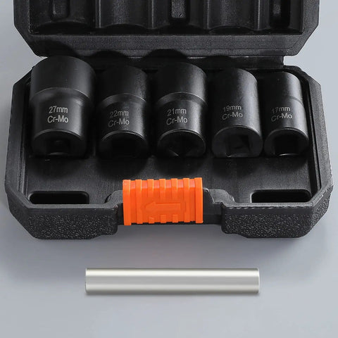 Open case with Six Piece Lug Nut Remover Set With Twist Socket Extractors for Metric Bolts and Lug Nuts Ultra Tight Grip displayed