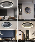 Moon Design Flush Mount Led Ceiling Light Fixture With Remote Dope Vibe Dimmable 50W shown in various room settings.