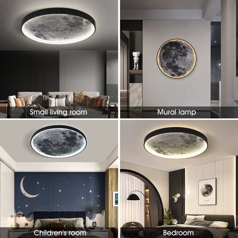 Moon Design Flush Mount Led Ceiling Light Fixture With Remote Dope Vibe Dimmable 50W shown in various room settings.