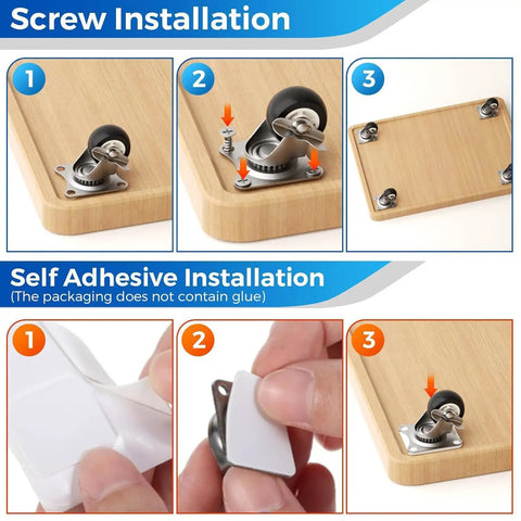 Installation guide for Small Swivel Caster Wheels 14 Pack 1 Inch Low Profile Durable Casters with screw and adhesive options.