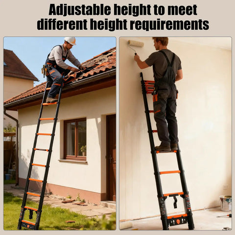 12.5 Foot Telescoping Ladder With Quick Folding Mechanism, Aluminum Extension Ladder For RV Home And Outdoor Use, 330 Lb Max Load, Lightweight Portable Orange, Easy One Step Fold In Seconds, Safe Anti Pinch Design used on roof and indoor wall