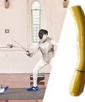Dope Ergonomic Fencing Foil And Epee Handle With Curved Or Straight Grip, 7.28 Inch Portable Yellow Accessory shown next to fencers