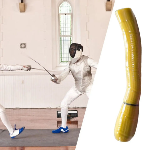 Dope Ergonomic Fencing Foil And Epee Handle With Curved Or Straight Grip, 7.28 Inch Portable Yellow Accessory shown next to fencers