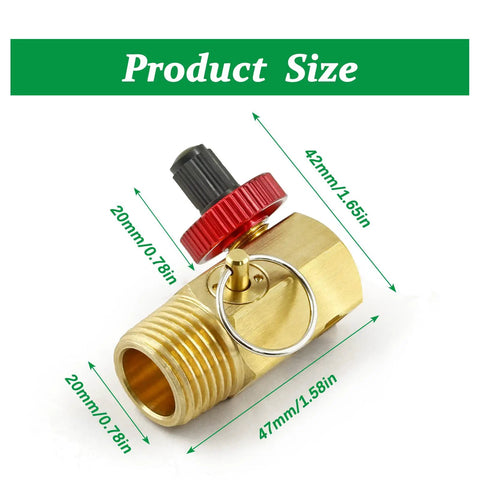 Air Tank Replacement Manifold For Portable Air Compressor with brass body, aluminum knob, stainless spring, dimensions and size shown