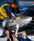 Rechargeable Spotlight With 14400mAh Battery used by mechanics under a car, highlighting vehicle inspection area.