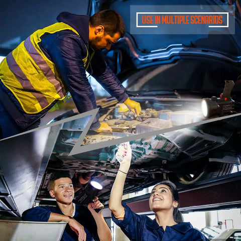 Rechargeable Spotlight With 14400mAh Battery used by mechanics under a car, highlighting vehicle inspection area.