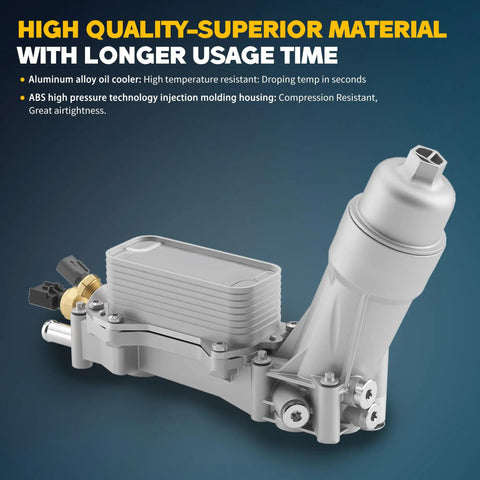 Beefed Up All Aluminum Engine Oil Filter Housing With Oil Cooler Upgrade for 3.6L engines, shown with integrated components.