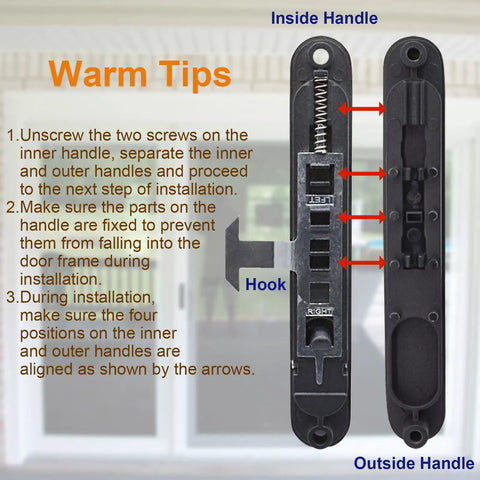Replacement Sliding Screen Door Handle And Latch With Keeper In Black Zinc Alloy, fits door thickness, installation tips shown