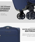 Underseat Luggage With Wheels Softside Carry On Spinner Bag Fourteen Point Five Inch Navy 28L, showing 360-degree wheels and water-resistant material.