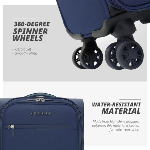 Underseat Luggage With Wheels Softside Carry On Spinner Bag Fourteen Point Five Inch Navy 28L, showing 360-degree wheels and water-resistant material.