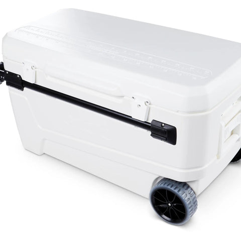 MaxCold Glide 110 Qt Insulated Rolling Cooler with soft ride wheels and horizontal telescoping handle, side view