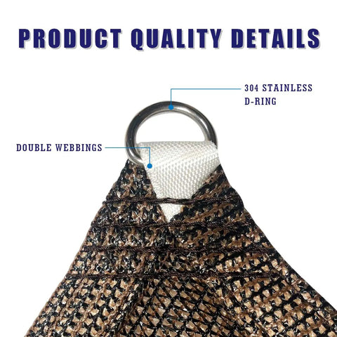 Brown Sun Shade Sail Triangle Canopy For Patio And Backyard That Blocks 95 Percent Of UV Light Breathable And Water Permeable Heavy Duty Commercial Grade Custom Size Made In USA with stainless D-ring and double webbing close-up.