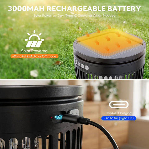 3 In 1 Bug Zapper For Outdoors Solar Powered With Realistic Flame Light And RGB Projector Zaps Mosquitoes Like A Boss USB Rechargeable IP65 Waterproof. Features charging ports and solar panel.