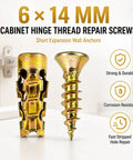 6x14mm Short Expansion Screw Set For Cabinet Hinge Repair And Drywall, Heavy Duty Anchors And Screws Kit, Hollow Door Wall Anchors For Stripped Thread Fix, 100 Pieces, Easy Install And Secure Hold, Durable And Long Lasting, gold metal anchors
