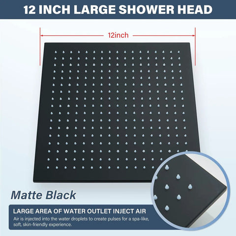 12 Inch Black Square LED Rain Shower Head With Brass Overhead Spray for bathroom, matte black finish, top view