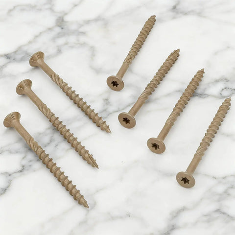Pro Grade #8 X 2 Inch Deck Screws 100 Pack Exterior Wood Screws Bronze epoxy finish displayed on marble surface.