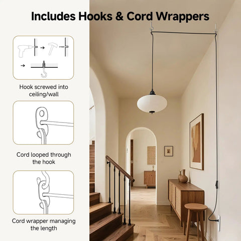 2 Pack Plug In Hanging Light Cord With Switch 15 Foot Pendant Light Cord With Lamp Socket Black Kit with hooks in hallway