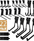 Heavy Duty Slatwall Hooks 22 Pack Set With Multi Size U And J Hooks For Ladders Bikes Garage And Garden Tools, 2.5 And 4 And 6 Inch Singles, ProSlat And Slatwall Panel Compatible shown in front view with various hook sizes and types