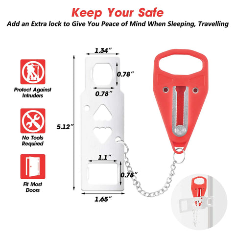 Portable Door Lock Set For Extra Privacy And Security, dimensions and features guide with red and white design