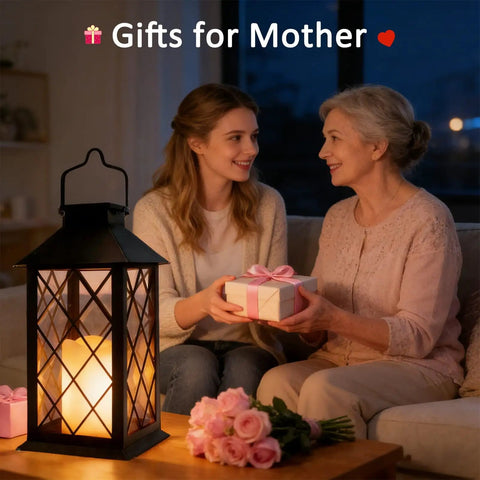 Woman and elderly lady exchanging gifts next to a 2-Pack 14-Inch Large Tempered Glass Solar Lanterns Outdoor Waterproof Hanging Lights With Realistic Flickering Flameless Candles For Wall Porch Patio Garden Cozy Decor Black on a living room table.