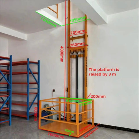 Side view of compact cargo elevator showing dimensions, for home and workshop with 500kg capacity, inter-floor lifts
