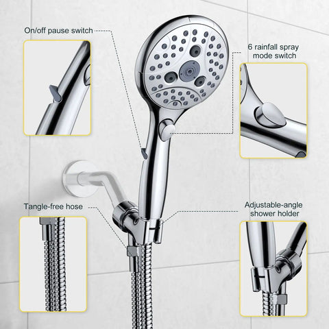 7 Setting Handheld Shower Head With On Off Pause Switch For No Fuss Easy Use High Pressure 4.8 Inch Spray Head 59 Inch Shower Hose