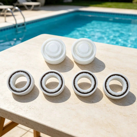 Roller Bearing Guide Kit RCX26000 RCX26001 For TigerShark Robotic Pool Cleaner DIY Friendly Pro Grade Replacement Kit Includes One RCX26001 Bearing And Two RCX26000 Bearings For Smooth Wheel Rotation And Stable Tracking. Pool cleaner bearings on patio by swimming pool