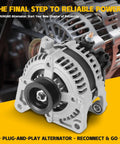Front view of Alternator Replacement For Jeep Wrangler 07-11, Chrysler Town And Country 08-10, Voyager 08, Dodge Grand Caravan 08-10, And Volkswagen Routan 09-10 3.3L 3.8L Plug And Play OEM Numbers 04727865AB 04801304AA 04801304AC 4727865AB 4801304AA 4801304AC.