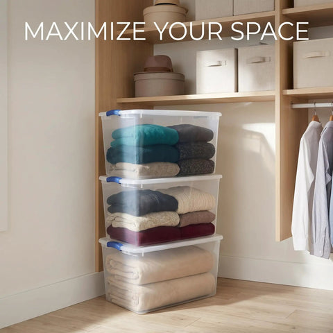 Hella Tough 66 Quart Clear Plastic Storage Bins With Secure Twist Latches And Smart Stack Design stacked with folded sweaters.