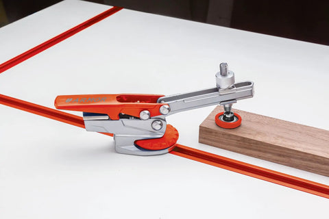 Hold Down Clamp For T Track, Auto Adjust Horizontal T Track Clamp With 360 Degree Rotation, 5/16 Inch T Bolt on wood surface