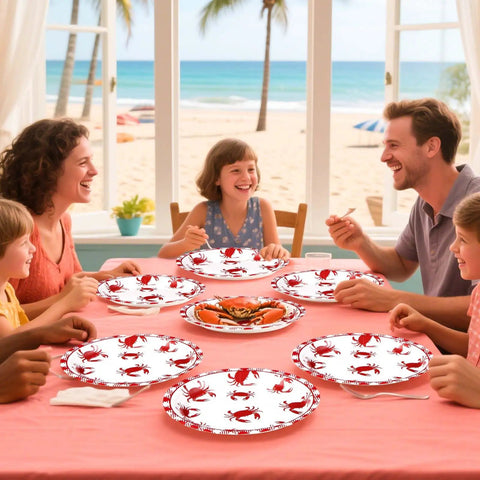 Family enjoying a seafood meal using Heavy Duty 50 Pack Crab Boil Paper Plates 9 Inch Round Disposable Dinnerware.