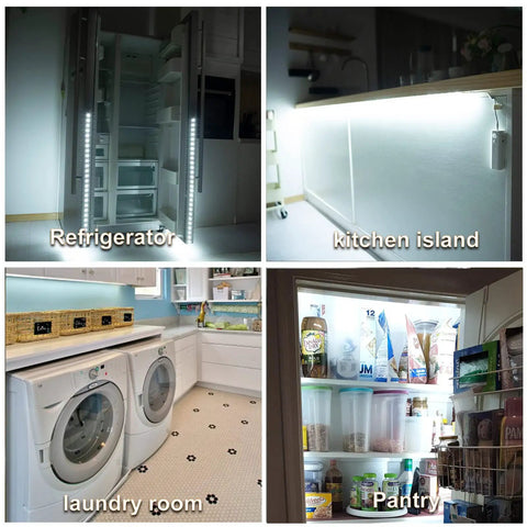 Motion Sensor LED Strip Lights With Rechargeable Battery And USB Removable Control Box Auto On Up To 10 Feet In The Dark Auto Off After 20 Seconds 60 LEDs 6.56 Feet 2 Pack 6000K White Battery Powered Closet Pantry Cabinet Night Light installed in various home locations including refrigerator and pantry.