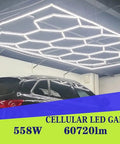 Bright DIY Plug-In Hexagon Garage Light Kit for Car Repair, 60 Lamp LED Grid with 14-Hexagon and 24-Lamp Rect Frame installed overhead