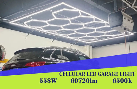 Bright DIY Plug-In Hexagon Garage Light Kit for Car Repair, 60 Lamp LED Grid with 14-Hexagon and 24-Lamp Rect Frame installed overhead