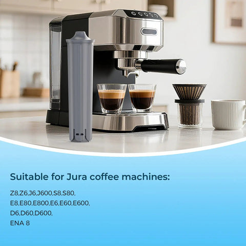 Heavy Duty Replacement Water Filters Compatible With Jura 71794 Claris Smart System Six Pack next to coffee machine brewing espresso.