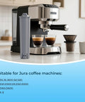 Top Shelf Jura Claris S Replacement Water Filters next to coffee machine, showcasing heavy duty design for smooth coffee.