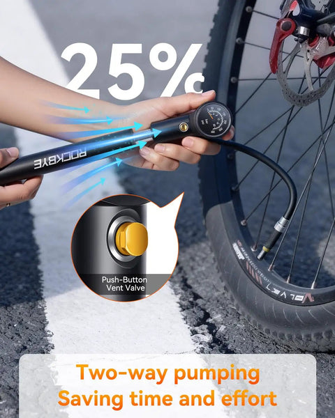 Dope Portable Bike Pump With Gauge 300 PSI High Pressure Hand Pump In Use On Bicycle Tire, Showing Air Bleed Button Functionality