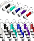 Set Of 30 Mini LED Keychain Flashlights With 5 Bulbs, Ultra Portable Pocket Lights For Camping, Parties, And Party Favors, Built Tough In Aluminum Alloy, Six Color Options To Match Any Mood displayed in a variety of colors