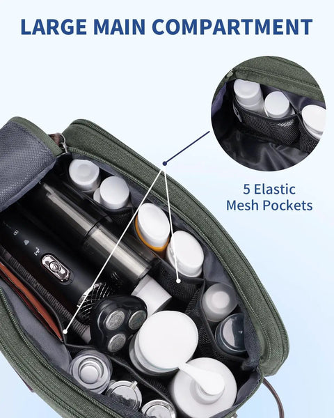 Large green mens travel toiletry organizer bag with canvas and leather dopp kit, open top view showing elastic mesh pockets and bottles