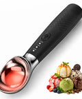 Heated Ice Cream Scoop With Three Heat Settings And 2600mAh Rechargeable Battery beside scoops of colorful ice cream