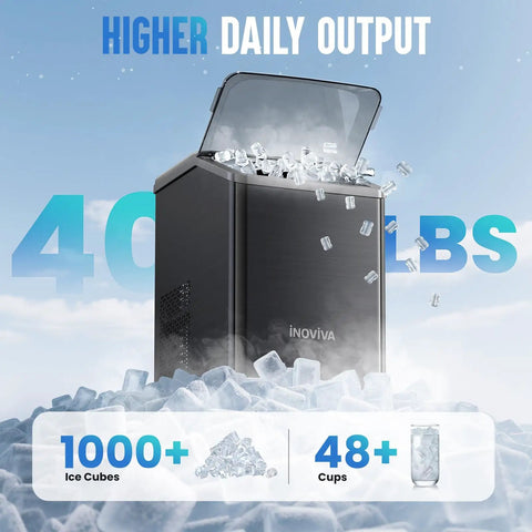 Chewable Nugget Ice Maker For Countertop Cranks Out 40 Lbs Per Day Of Soft Pellet Ice In 10 Minutes Self Cleaning Sonic Ice Machine For Home Kitchen And Office Black Stainless, showing higher output
