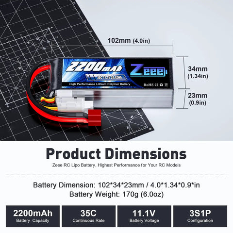 3S 2200mAh LiPo Battery 11.1V 35C With T Connector Soft Case 2 Pack For RC Airplane Quadrotor Drone FPV dimensions chart