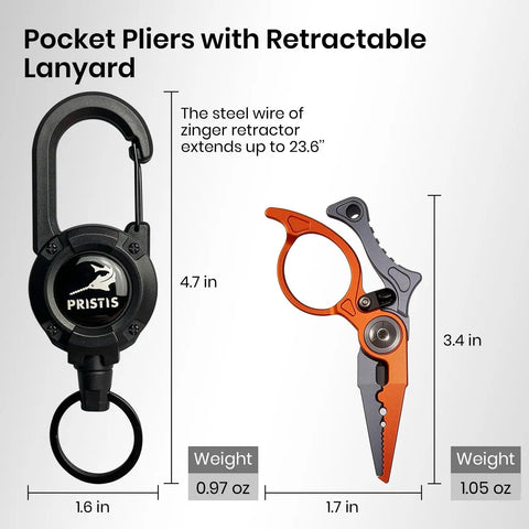 Micro Pocket Pliers With Zinger Retractor For Saltwater Fishing Aluminum Hook Remover With Tungsten Braided Line Cutter shown